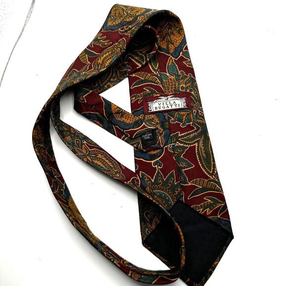 Villa Bugatti All Silk Tie - Maroon with Green and Gold Botanical Leaves - Picture 4 of 4